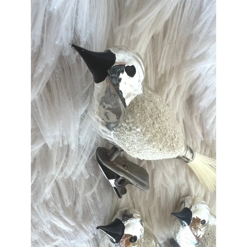 Vintage Mercury Glass Clip On Bird Ornaments White Flocked Christmas Decor Set 3